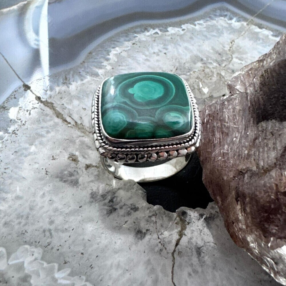 Sterling Silver Southwestern Style Square Malachite Decorated Ring Size 9.5 - Picture 4 of 10